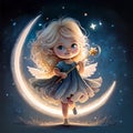 Cute cartoon little fairy with magic wand on the background of the moon. Children\'s book illustration. Generative AI Royalty Free Stock Photo