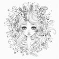 Cute cartoon little fairy pattern with flowers, leaves. Line art magic vector background. Black and white coloring book backdrop Royalty Free Stock Photo