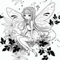 Cute cartoon little fairy seamless pattern with flowers, leaves. Line art magic vector background. Repeat black and white coloring Royalty Free Stock Photo