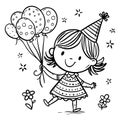 Cute cartoon little girl in a birthday cap walking outdoors with balloons, kids birthday clipart outline illustration Royalty Free Stock Photo