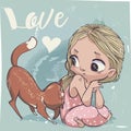 Cute cartoon little girl with cat Royalty Free Stock Photo