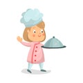 Cute cartoon little girl chef character holding cloche platter Illustration