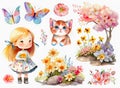 Cute cartoon little girl with flowers, kitty and butterflies. Set of watercolor elements for your design. Generative AI Royalty Free Stock Photo