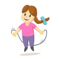 Cute cartoon little girl jumping over a skipping rope. Cartoon flat vector illustration, isolated on white background. Royalty Free Stock Photo