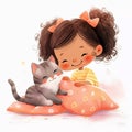 Cute cartoon little girl playing with her cat on a pillow Royalty Free Stock Photo