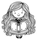 Cute cartoon little girl reading a book. Isolated outline vector illustration Royalty Free Stock Photo