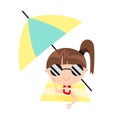 Cute cartoon little girl sunbathing on the beach. A teenager in sunglasses lies on a towel under an umbrella Royalty Free Stock Photo