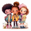 Cute cartoon little girls with backpacks and book. School kids clipart. Multiethnic children standing outdoors