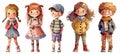 Cute cartoon little girls and boys with different clothes standing in a row on white background. Generative AI Royalty Free Stock Photo