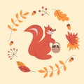 Cute cartoon little happy squirrel. Vector bright squirrel icon with falling autumn leaves and berries.