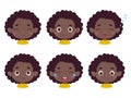 Cute cartoon little kid african girl in various expressions and gesture. Cartoon child character showing different Royalty Free Stock Photo