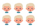 Cute cartoon little kid blond boy in various expressions and gesture. Cartoon child character showing different emotions Royalty Free Stock Photo