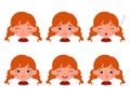 Cute cartoon little kid girl with red hair in various expressions and gesture. Cartoon child character showing different Royalty Free Stock Photo