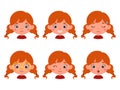 Cute cartoon little kid girl with red hair in various expressions and gesture. Cartoon child character showing different Royalty Free Stock Photo