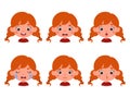 Cute cartoon little kid girl with red hair in various expressions and gesture. Cartoon child character showing different Royalty Free Stock Photo