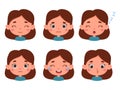 Cute cartoon little kid girl in various expressions and gesture. Cartoon child character showing different emotions Royalty Free Stock Photo