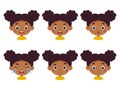 Cute cartoon little kid mulatto girl in various expressions and gesture. Cartoon child character showing different Royalty Free Stock Photo