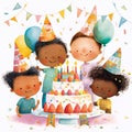 Cute cartoon little kids celebrating a birthday with a cake. Happy birthday party friends clipart isolated on white background Royalty Free Stock Photo