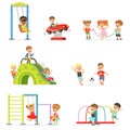 Cute cartoon little kids playing and having fun at the playground set of vector Illustrations Royalty Free Stock Photo