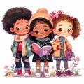 Cute cartoon little kids reading a book. Smiling schoolgirls walking together outdoors. Multiethnic children standing in a row