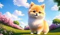 Cute cartoon little kitten with short paws in the field on a sunny day against the blue sky, greenery and flowers. Generative AI