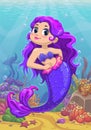 Cute cartoon little mermaid with purple hair