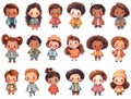 Cute cartoon little multiethnic kids. Children standing full height, preschoolers boys and girls. Happy kids clipart collection