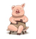 Cute cartoon little pig character sitting and laughing