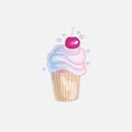 Cute cartoon little princess cupcake illustration with cherry. Cream pink, cherry cake for little princess. Cute cupcake