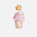 Cute cartoon little princess cupcake illustration with crown. Cream pink, strawberry cake for little princess. Cute