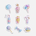 Cute cartoon little princess icon set - sweets sweet ice cream, cake, cocktails, donut and lollipop. Cute girly sweets -