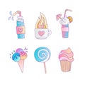 Cute cartoon little princess icon set - sweets sweet ice cream, cake, cocktails, donut and lollipop. Cute girly sweets -