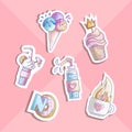 Cute cartoon little princess icon set - sweets sweet ice cream, cake, cocktails, donut and lollipop. Cute girly sweets - Royalty Free Stock Photo