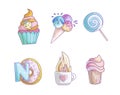 Cute cartoon little princess icon set - sweets sweet ice cream, cake, cocktails, donut and lollipop. Cute girly sweets - Royalty Free Stock Photo