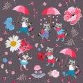 Cute cartoon little raccoons and kitty on roller skates with funny umbrellas, butterflies, poppy, daisy, rose and buds Royalty Free Stock Photo