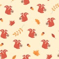 Cute cartoon little bright squirrel pattern. Vector squirrel pattern with mushrooms, leaves and acorns. Hello autumn