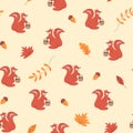 Cute cartoon little bright squirrel pattern. Vector squirrel pattern with mushrooms, leaves and acorns. Hello autumn Royalty Free Stock Photo