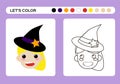 Cute Cartoon Little Witch Color Book. Coloring education for kids. Happy Halloween game. Royalty Free Stock Photo