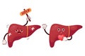 Cute cartoon liver. Happy and unhappy sick human organ character is sick, suffering and asking for help. Vector