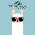 Cute cartoon llama alpaca vector graphic design. Llama character illustration for nursery design, poster, greeting, birthday card,