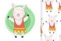 Cute cartoon llama girl alpaca vector graphic design and seamless pattern. Happy llama character Royalty Free Stock Photo