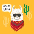 Cute cartoon llama with lettering Hola Hello in Spanish.