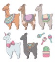 Cute cartoon llamas or alpacas with cactus and peruvian rumba shaker graphic illustration set Royalty Free Stock Photo
