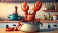 Cute Cartoon Lobster on a Kitchen Counter in the pot, generative Ai
