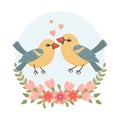 Cute cartoon love birds in a flower frame. Design for greeting card, invitation card for wedding, birthday. Royalty Free Stock Photo