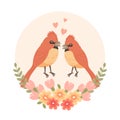 Cute cartoon love birds in a flower frame. Design for greeting card, invitation card for wedding, birthday. Royalty Free Stock Photo