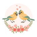 Cute cartoon love birds in a flower frame. Design for greeting card, invitation card for wedding, birthday. Royalty Free Stock Photo