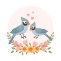 Cute cartoon love birds in a flower frame. Design for greeting card, invitation card for wedding, birthday. Royalty Free Stock Photo