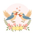 Cute cartoon love birds in a flower frame. Design for greeting card, invitation card for wedding, birthday. Royalty Free Stock Photo