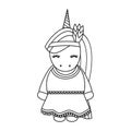 Cute cartoon lovely black and white native indian american female unicorn thanksgiving vector illustration